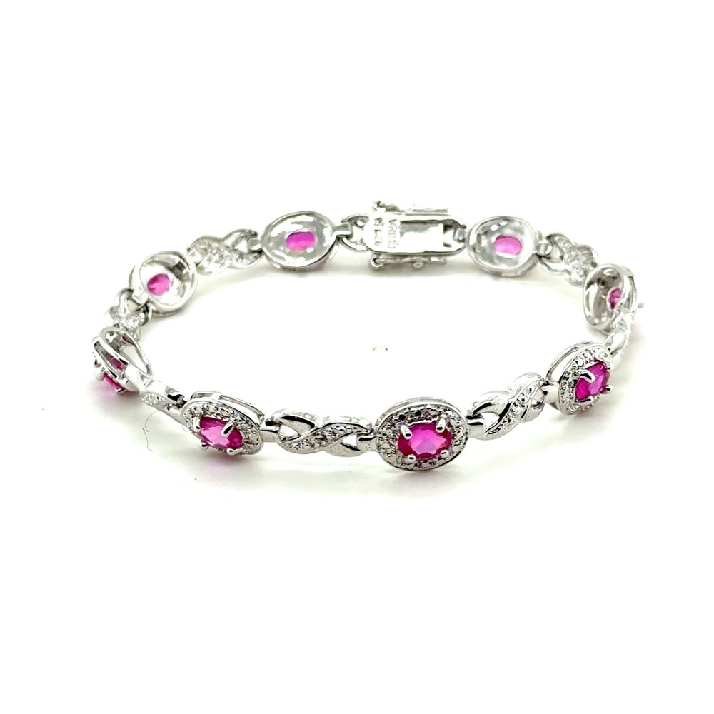 Sterling Silver 925 Pink‎ Stone Halo Infinity Link Tennis Bracelet 7.5"